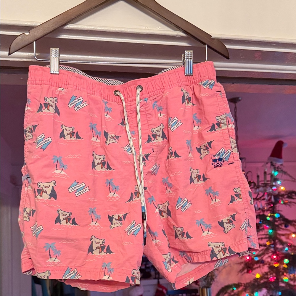 Party Pants Pink Swim Trunks with Hammerhead sharks